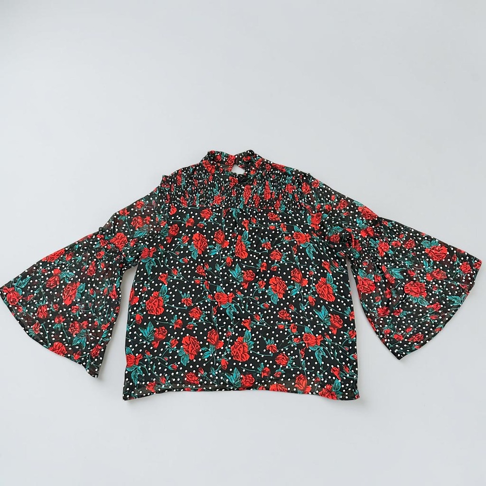 Suzanne Betro Rose Polka Dot Smocked High Neck Bell Sleeve Blouse 3X Women